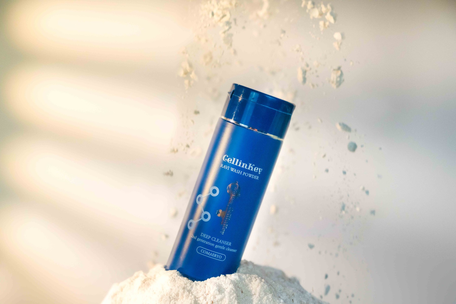 Product photographed with a suspended powder effect.