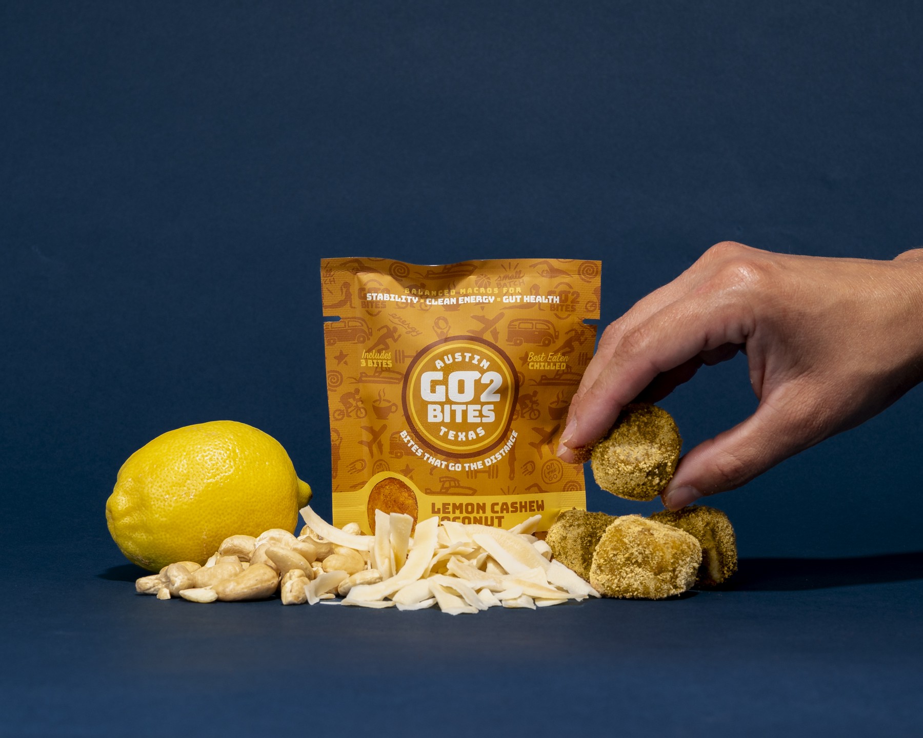 Lemon Cashew Coconut with ingredients and packaging.