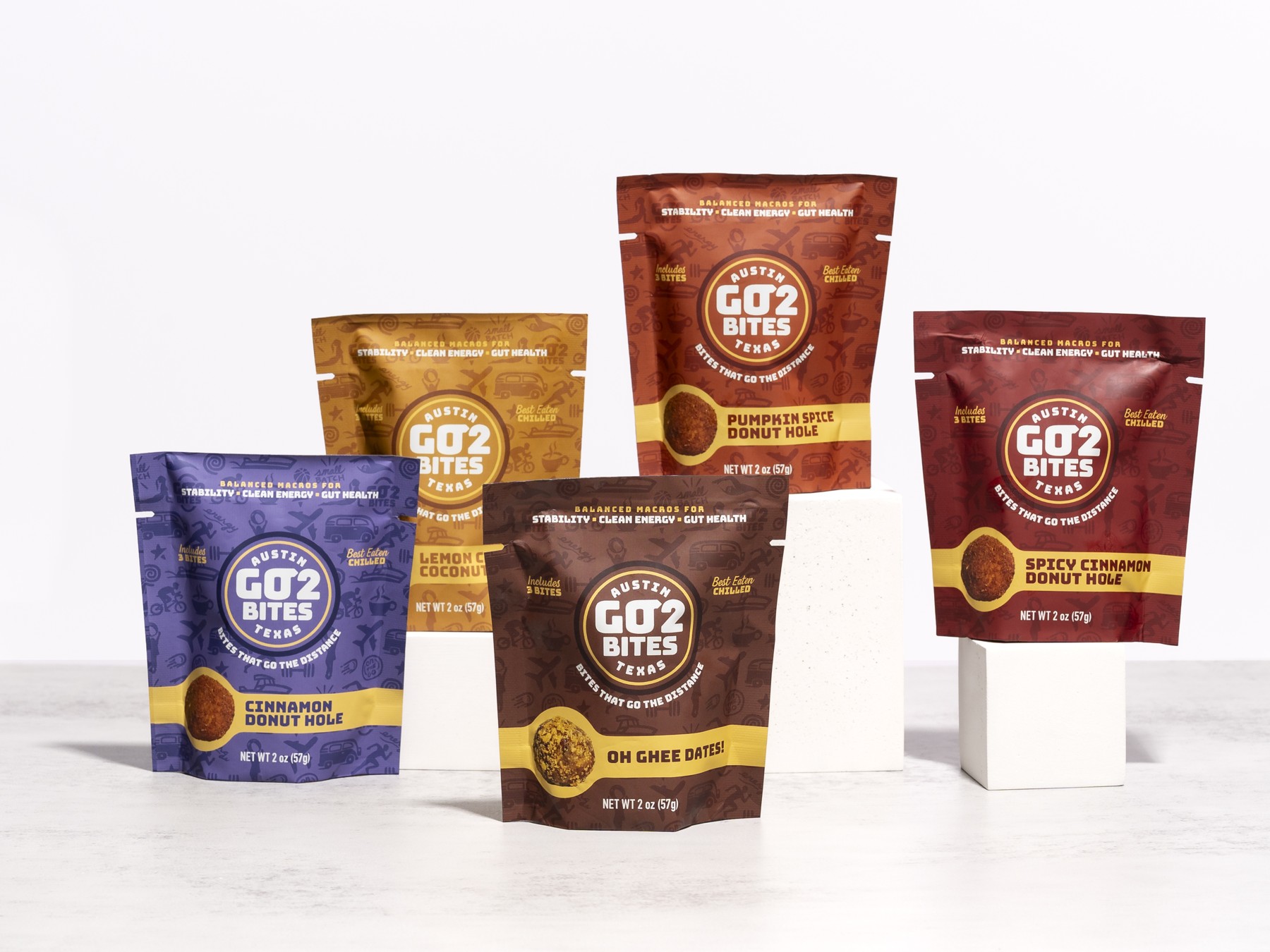 Five Go2Bites flavors photographed as a product range.