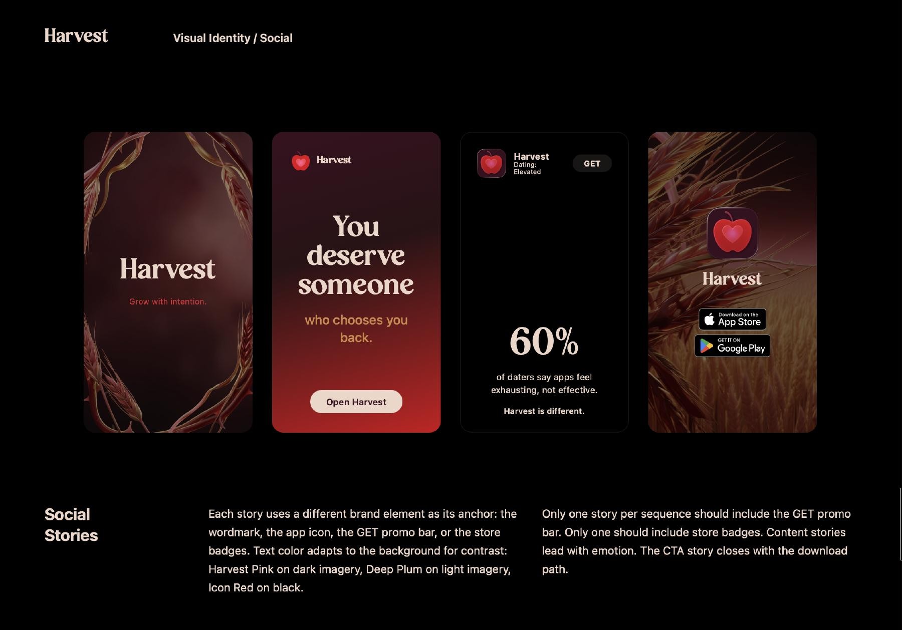 Harvest’s plum-and-red identity applied across three vertical social-story compositions.