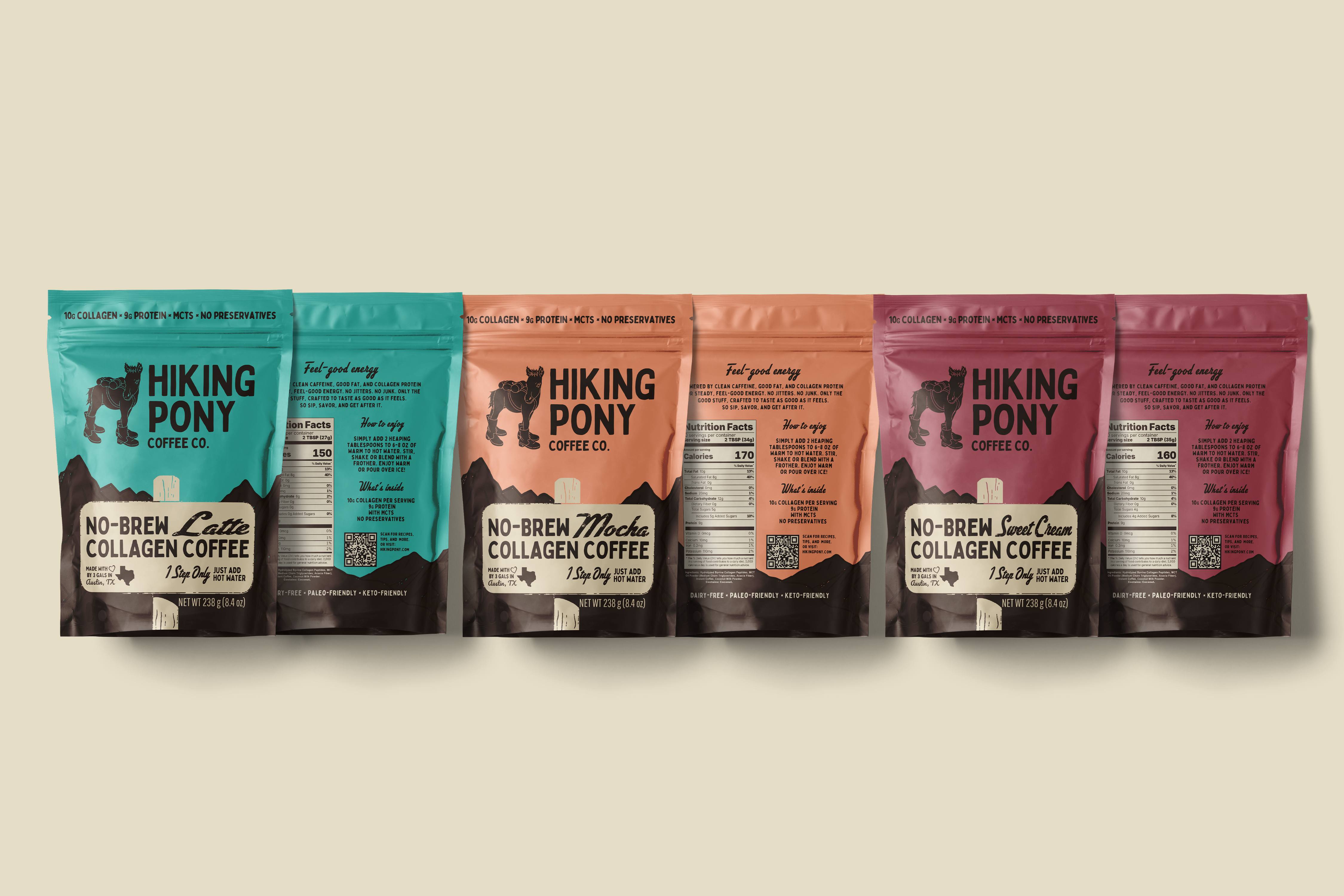 Front-and-back Hiking Pony coffee pouches in Latte, Mocha, and Sweet Cream flavors.
