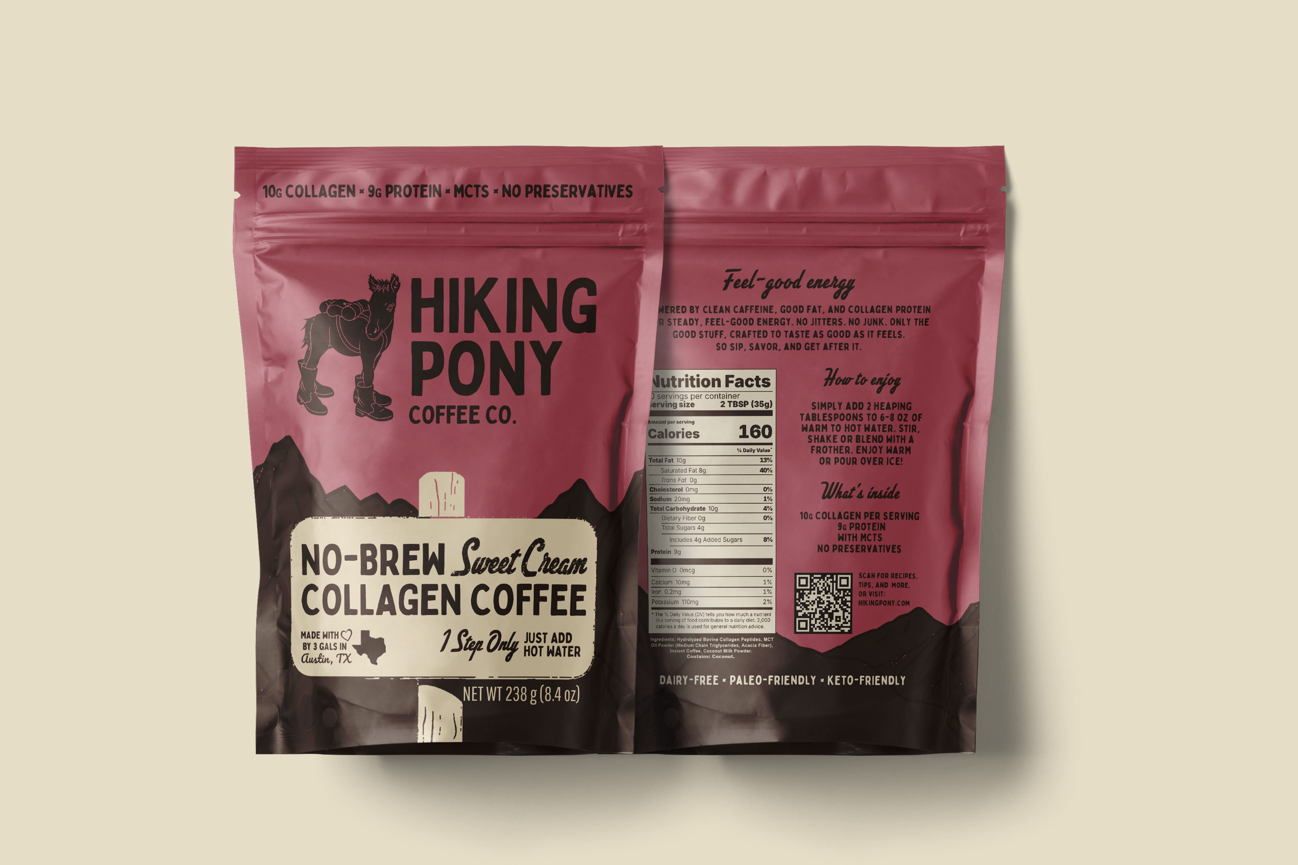 Front and back of the berry Sweet Cream collagen coffee pouch.