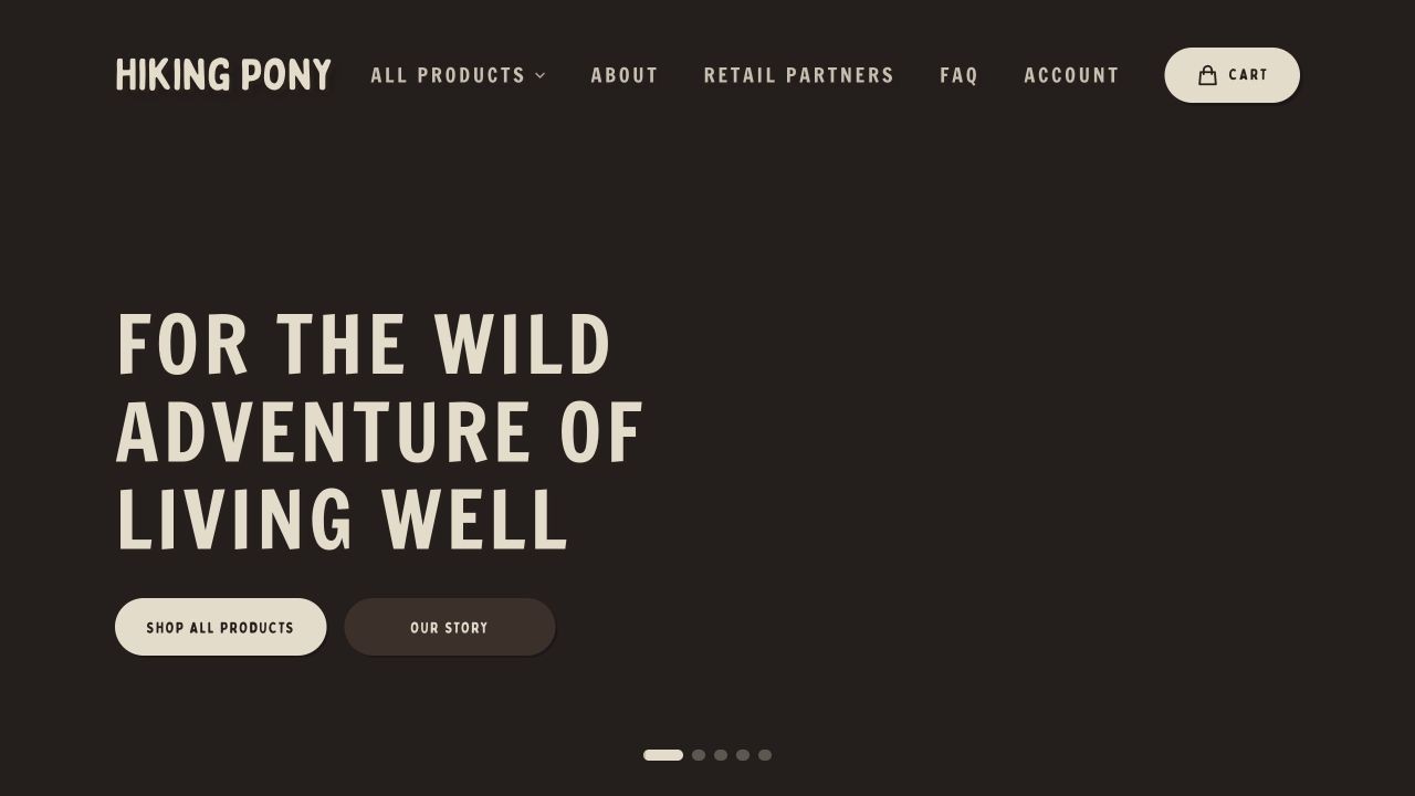 Hiking Pony website with product-led navigation and the coffee range.