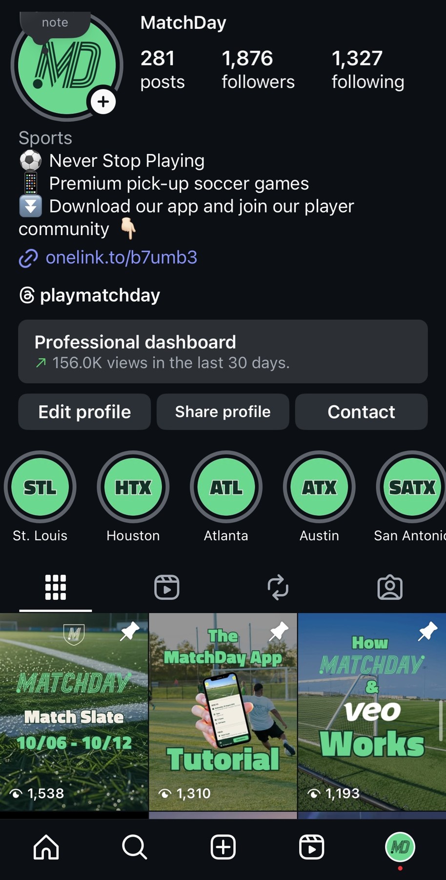 MatchDay’s refreshed profile, with a consistent identity and city highlights.